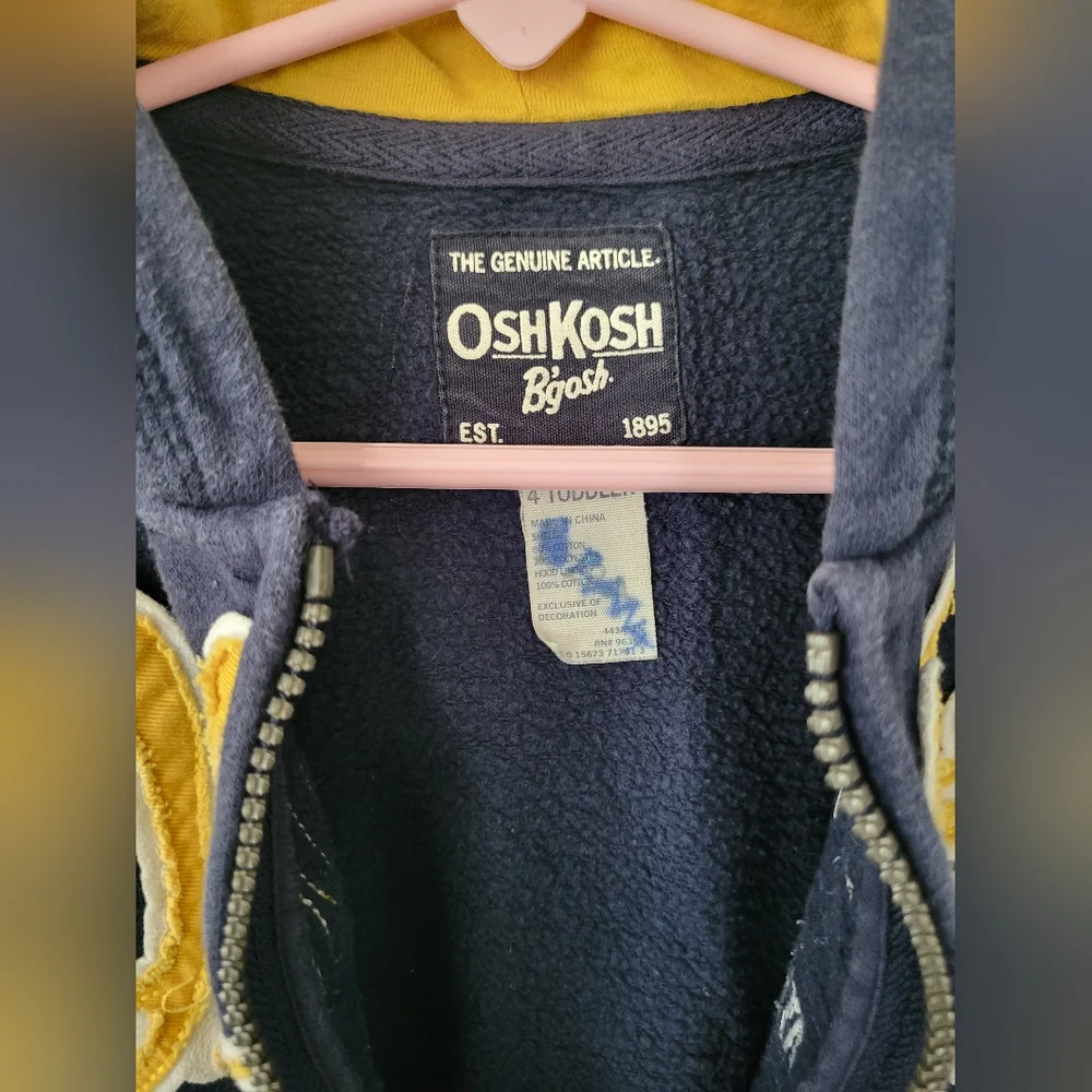 OshKosh B'gosh Hoodie Navy with Yellow Logo Jacket Boy Size 4 Toddler Zip-up